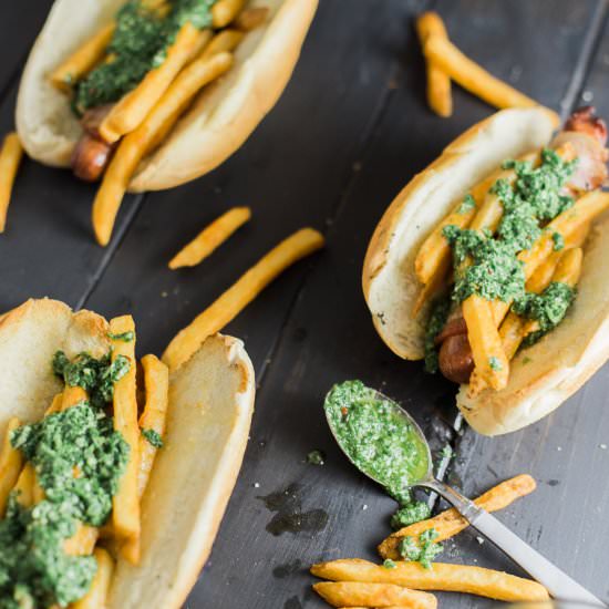 Chimichurri Fries Topped Hot Dog