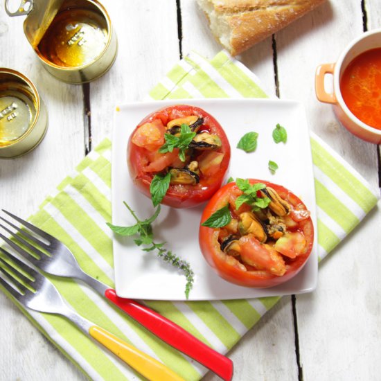 Pickled Mussels Stuffed Tomatoes