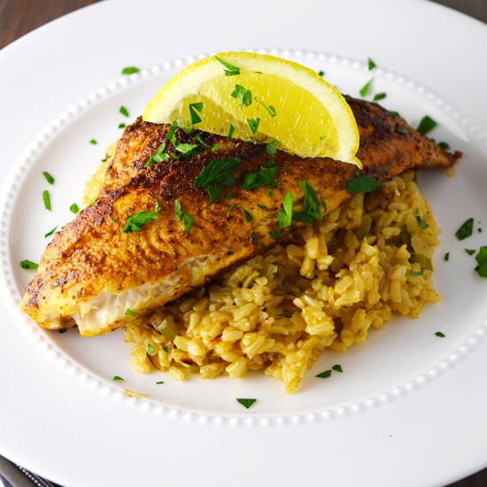 Blackened Catfish Over Cajun Rice