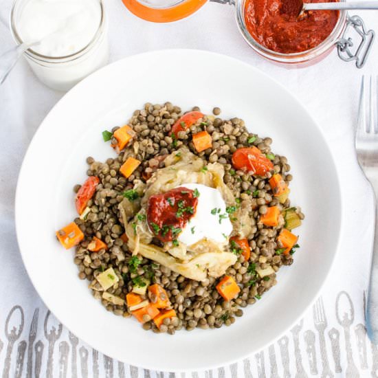 Lentils with Broiled Eggplant