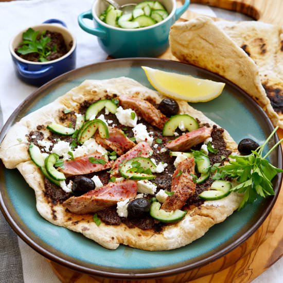 Lamb flatbreads with olive tapenade