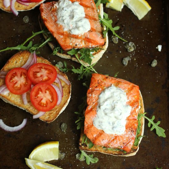 grilled salmon on ciabatta