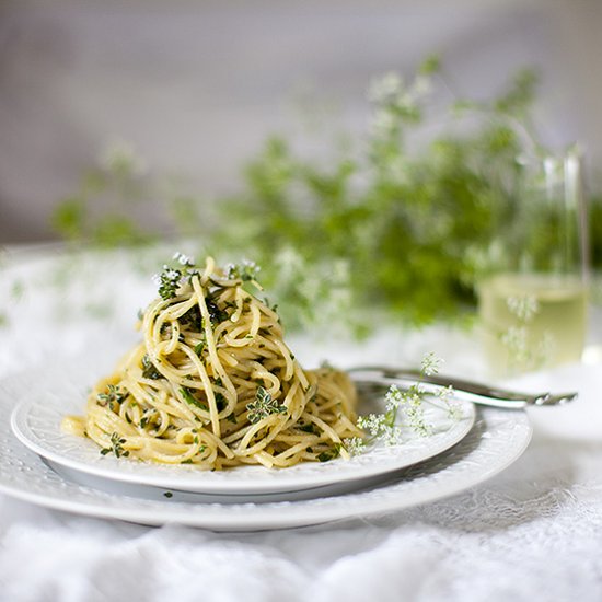 Pasta with fresh herbs and blossoms