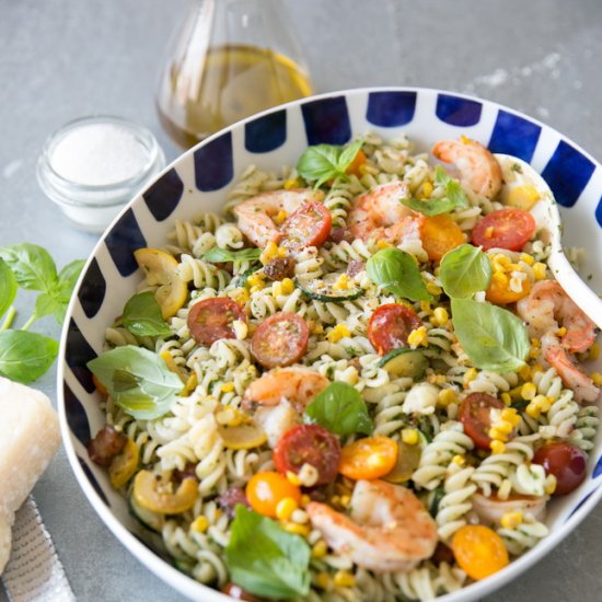 Pasta w/ Pesto, Vegetables & Shrimp