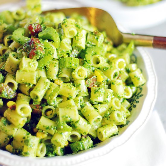 Roasted Corn Pancetta Pesto Pasta