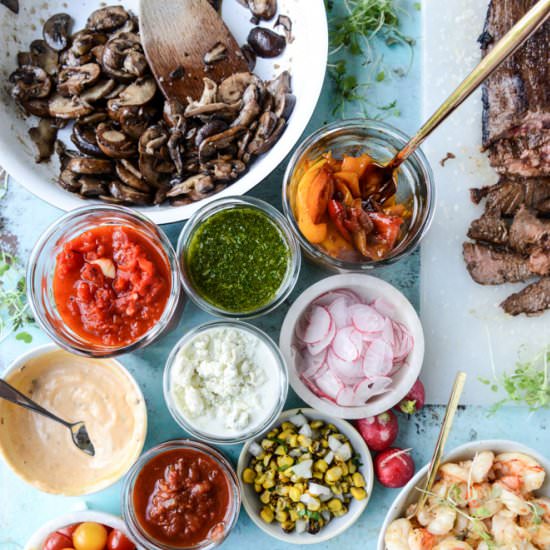 marinated flank steak + toppings!