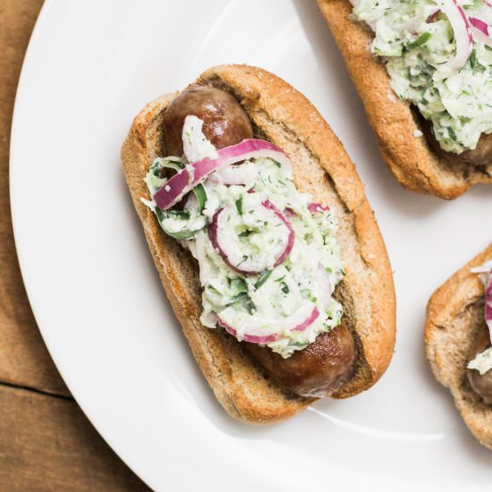 Brats with Cucumber Sprouts Slaw