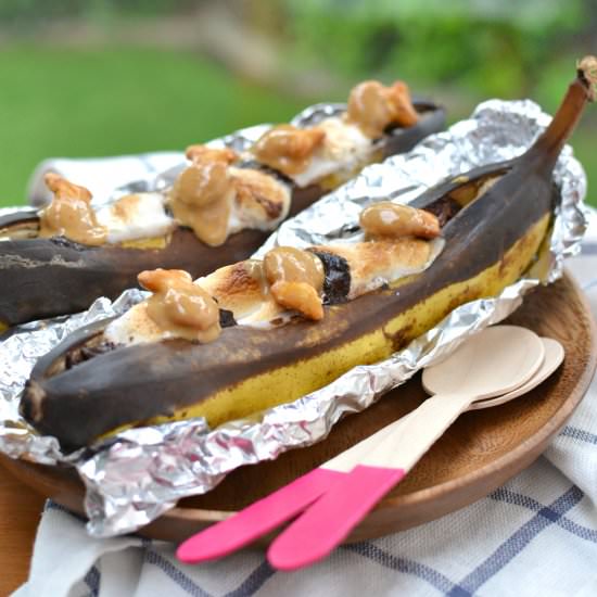 PB Pretzel Smores Banana Boats