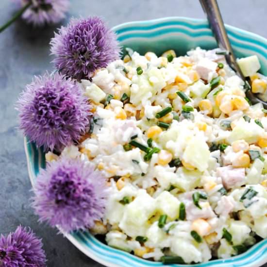 Rice Salad with Corn, Ham, Cucumber