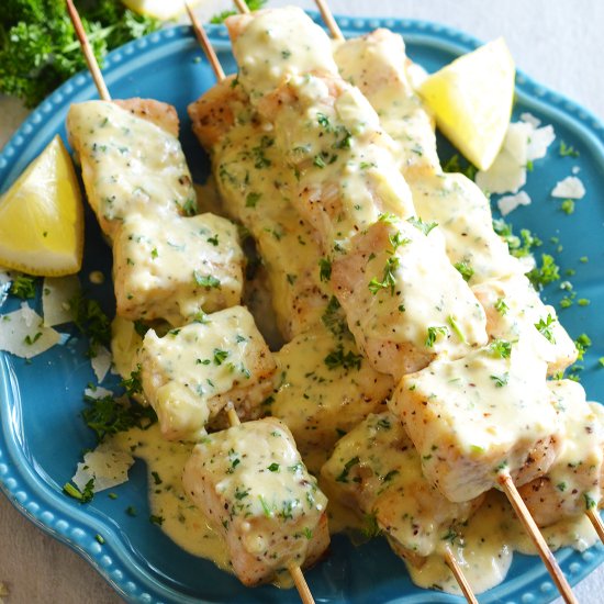 Fish Kabobs with Parmesan Sauce