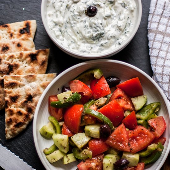 Greek Salad, Tzatziki and Pitas