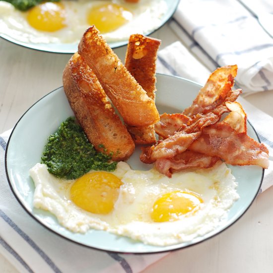 Garlic Fried Eggs with Kale Pesto