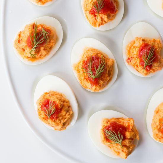 Harissa Goat Cheese Deviled Eggs