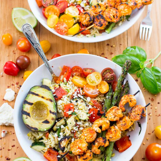 Grilled Harissa Shrimp & Orzo Bowls