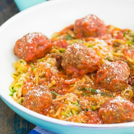 Tomato Basil Zoodles with Meatballs