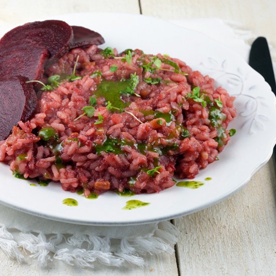 Beetroot Risotto with Streaky Bacon