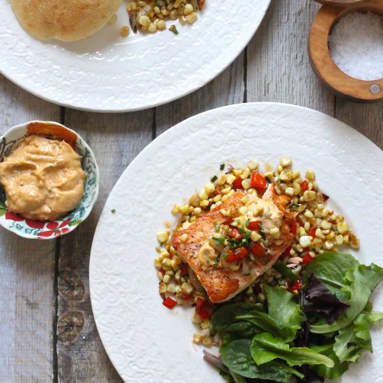 Crispy Salmon with Corn Hash