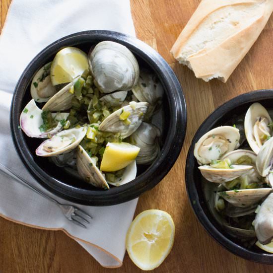 Clams Steamed with Garlic Scapes