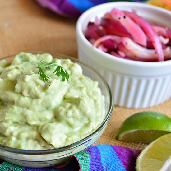 Avocado Cream and Pickled Onions