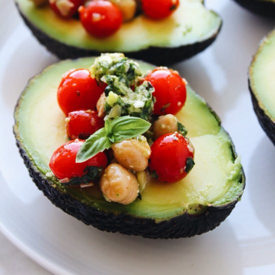 Stuffed Avocados & Pesto Tomatoes