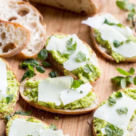 Fava Bean Crostini, Pecorino + Mint