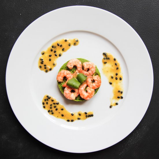 Prawns, Pea Puree and Passion Fruit