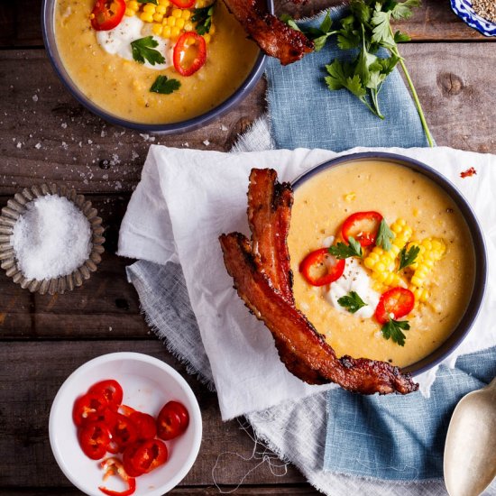 Corn chowder with bacon dippers