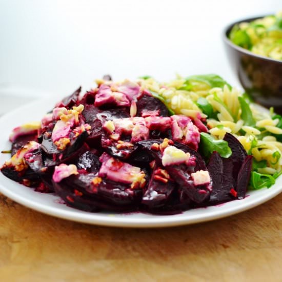 Baked beetroot and feta with orzo