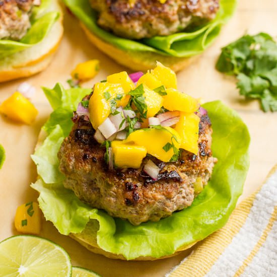 Spicy pork burgers with mango salsa