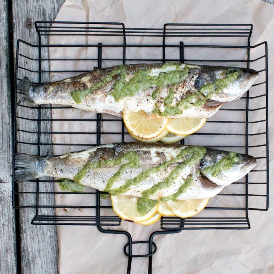 Branzino with Walnut Parsley Pesto