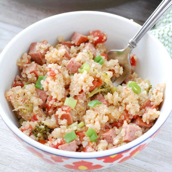 One Pan Cheesy Quinoa Turkey Kielbasa