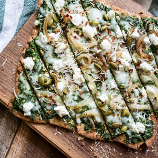 Three Cheese Spinach Pesto Pizza