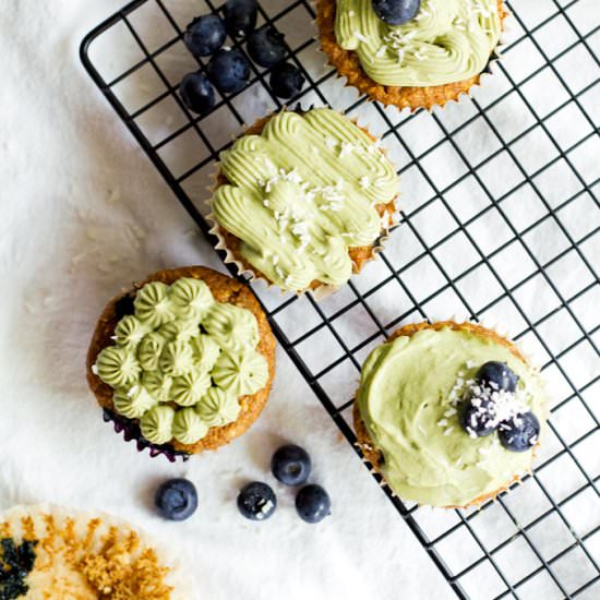 Matcha Blueberry Coconut Cupcakes