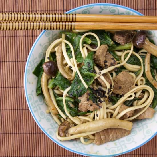 Stir fried beef and chard noodles