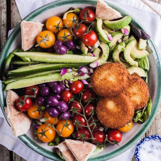 Greek salad with fried feta cheese