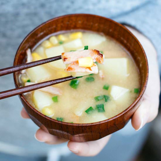 Potato Corn Miso Soup with Bacon