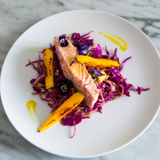 SALMON, RED CABBAGE & GRILLED MANGO