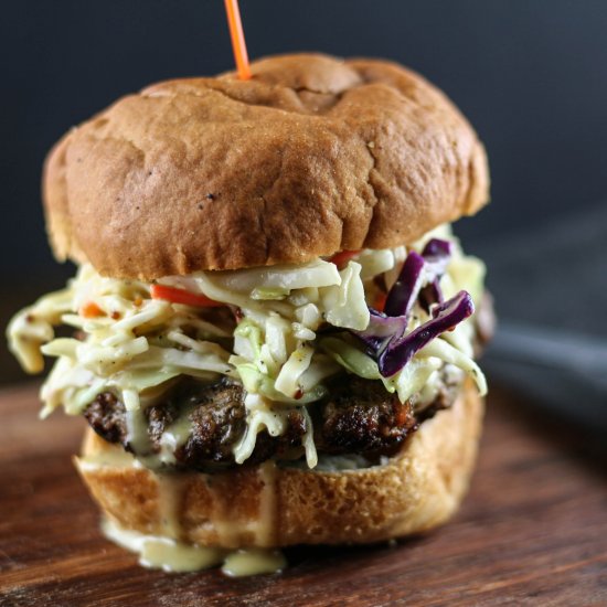 Burger with honey mustard slaw