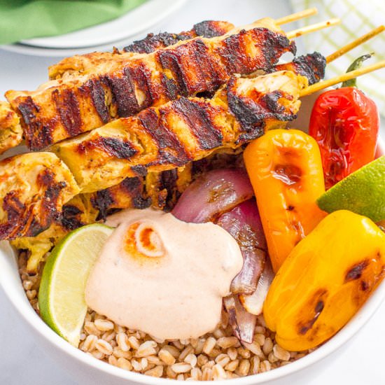 Chili lime chicken kabob farro bowl