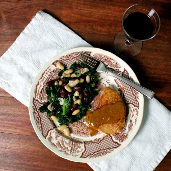 Mustard Pork Chops with Beans & Greens