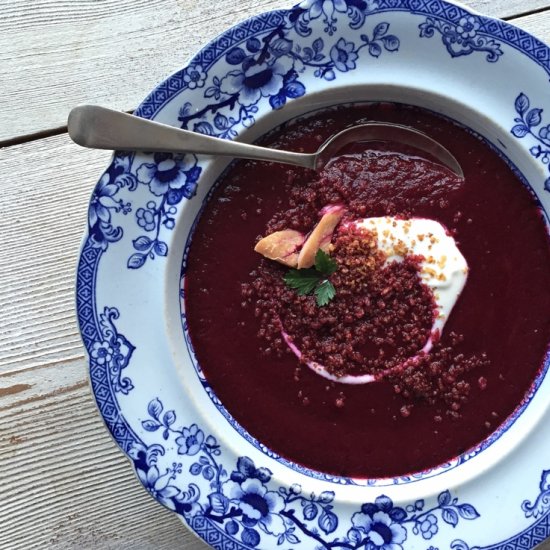 Beetroot soup with mackerel crumble