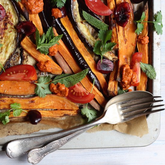 Aubergine Muhammara Traybake