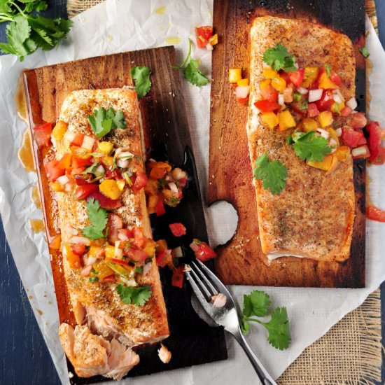 Cedar Plank Salmon with Peach Pico