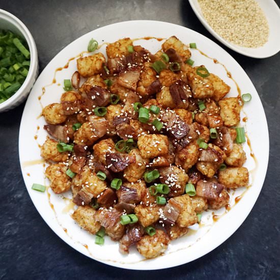 Asian pork belly loaded tater tots