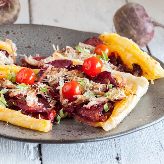 Beetroot & chicken puff pastry tart