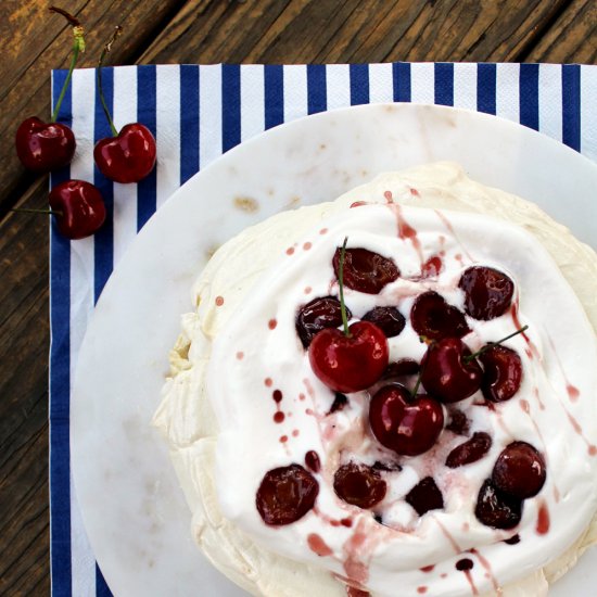 Pavlova with Bourbon Cherry Sauce