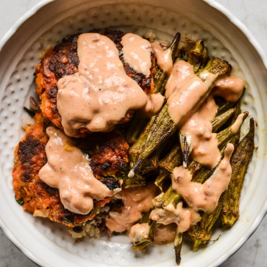 Okra & Salmon Slider Rice Bowls