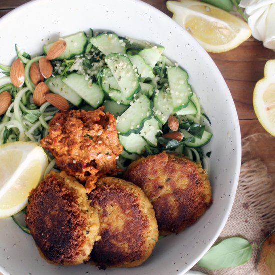 chickpea bulgur fritters+red pesto