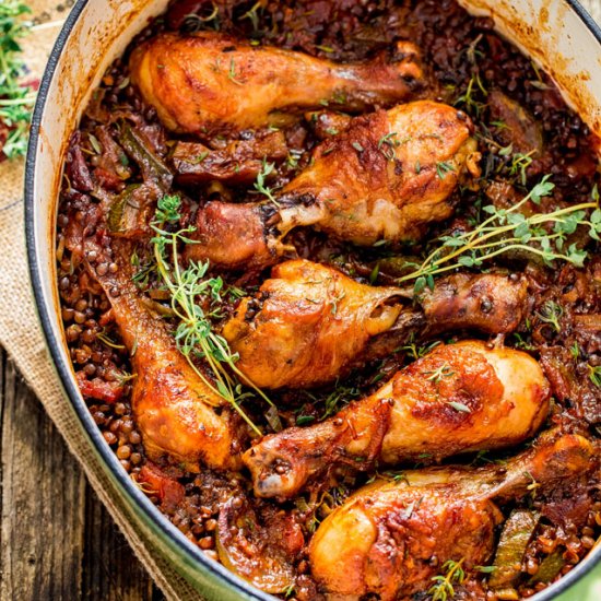 Chicken Drumsticks with Beluga Lentils