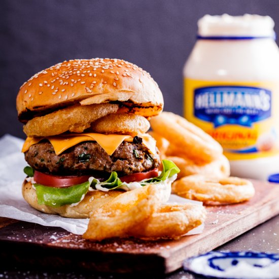 Crispy onion ring cheeseburger